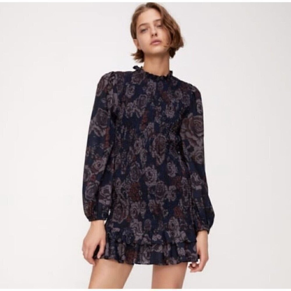 Zara Women's Plisse Blue Floral Smocked Long-Sleeved Dress Ruffle Skirt Size M